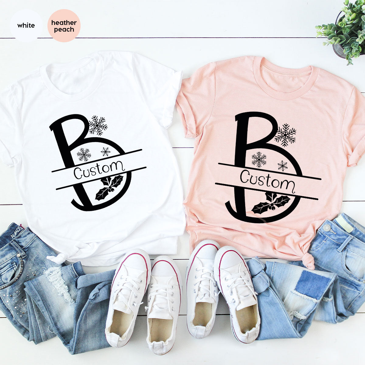 Custom Christmas T-Shirt, White Peach Design Shirt, Christmas Personalized Shirt