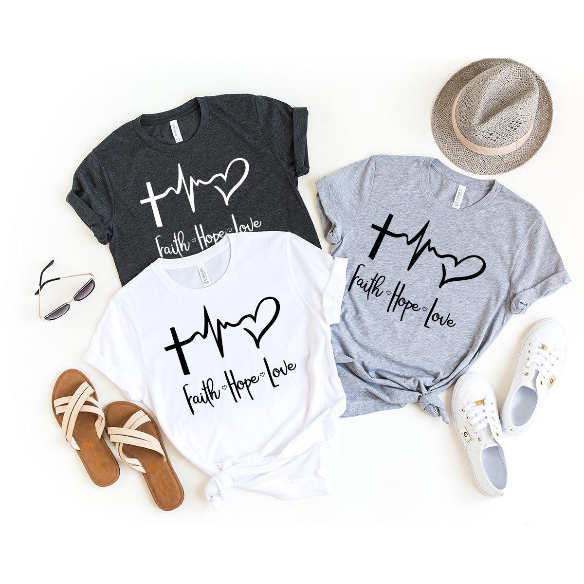 Faith Hope Love T-Shirt, Christian Heartbeat Tee, Jesus Lover Shirt, Faith Shirt, Christian Clothing, Heart Beat With Cross Tee - Fastdeliverytees.com