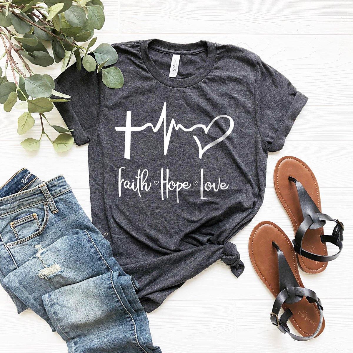 Faith Hope Love T-Shirt, Christian Heartbeat Tee, Jesus Lover Shirt, Faith Shirt, Christian Clothing, Heart Beat With Cross Tee - Fastdeliverytees.com