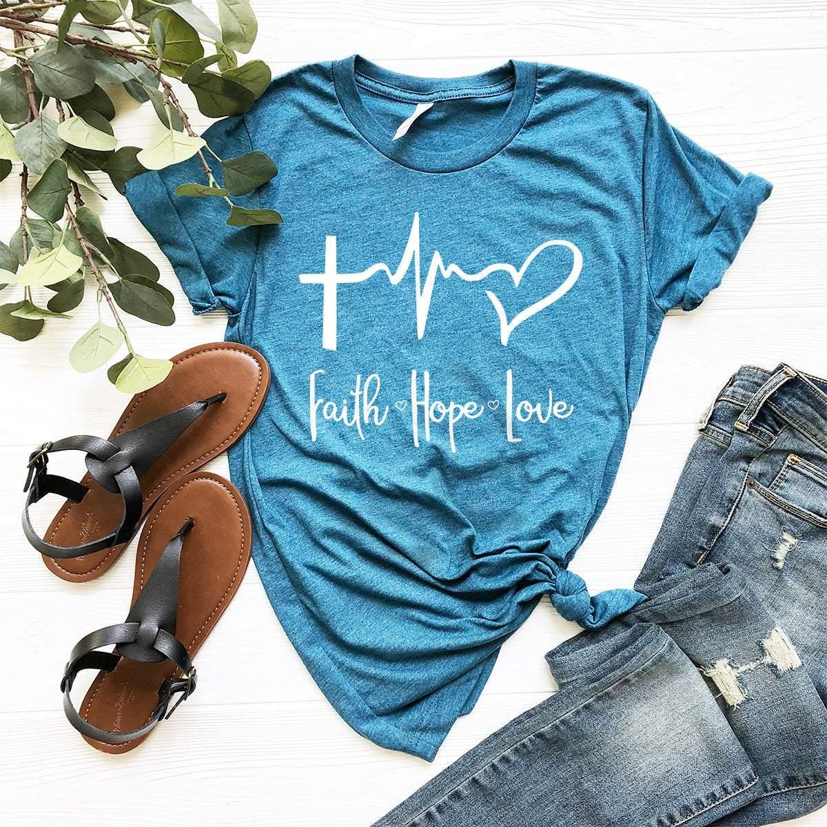 Faith Hope Love T-Shirt, Christian Heartbeat Tee, Jesus Lover Shirt, Faith Shirt, Christian Clothing, Heart Beat With Cross Tee - Fastdeliverytees.com