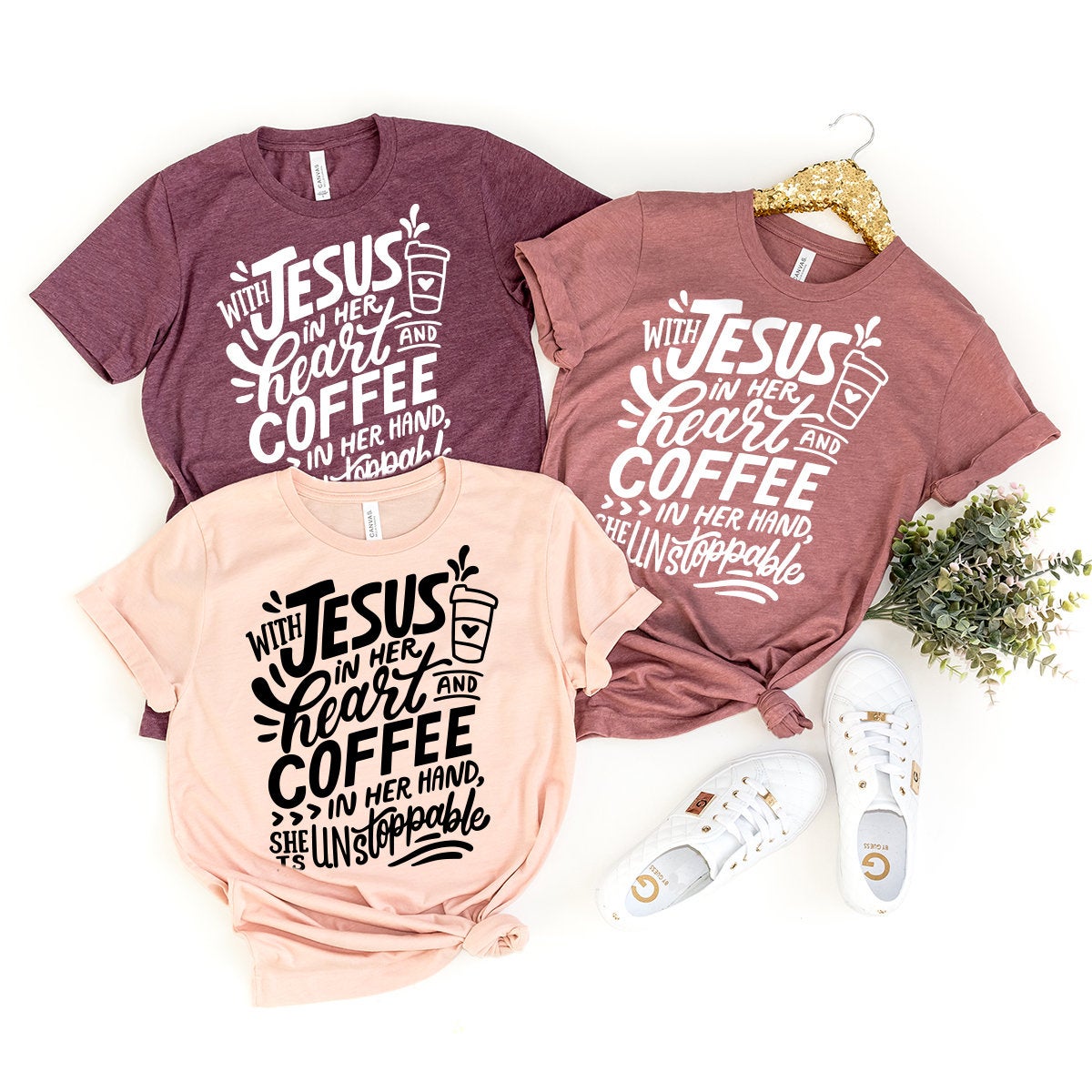 Jesus And Cofee Shirt, Coffee Shirt, Jesus Shirt, Jesus Lover T-Shirt, Coffee Lover Shirt, With Jesus In Her Heart And Coffee In Her Hand - Fastdeliverytees.com