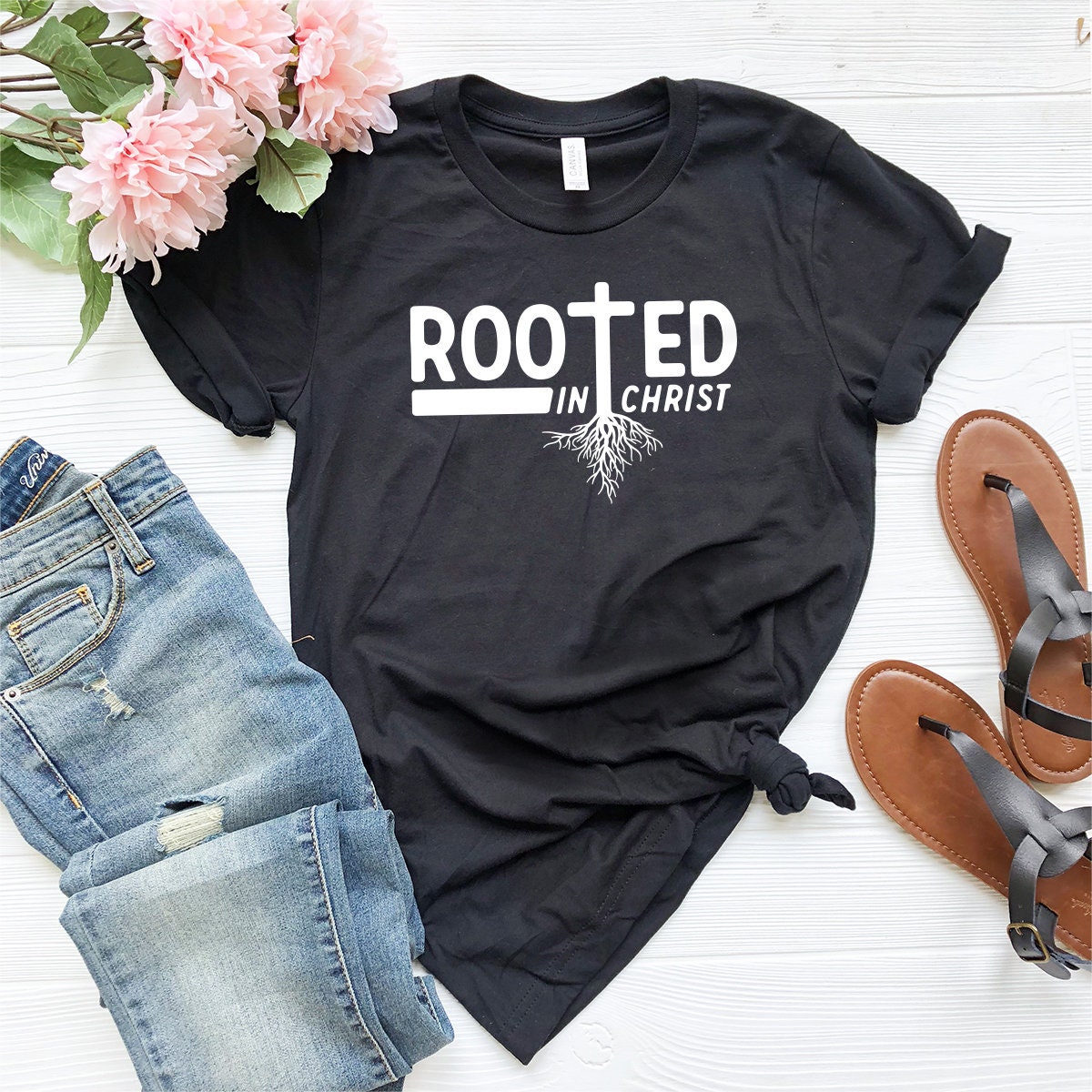 Rooted In Christ T-Shirt, Christian Shirt, Inspirational Shirt, Jesus Cross Shirt, Religious Shirt, Christian Gift, Jesus Cross Graphic Tee - Fastdeliverytees.com